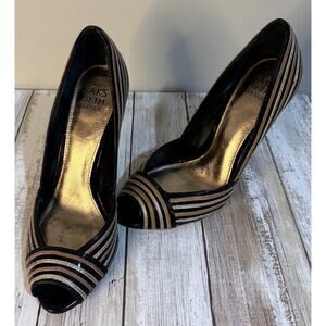 Saks Fifth Avenue Gold, Black, & Silver Peep‎ Toe Heels Size 6